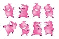 Cute pigs cartoon character cheerful funny dancing many actions
