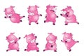 Cute pigs cartoon character cheerful funny dancing many actions