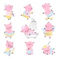 Cute pigs, cute pid activities. Piggy cartoon characters, funny childish isolated farm animal in different poses Royalty Free Stock Photo