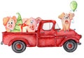 Red Christmas truck with pigs and pine tree New year watercolor illustration