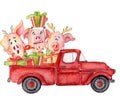 Red Christmas truck with pigs and gifts New year watercolor illustration