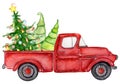 Red Christmas truck with pine trees New year watercolor illustration