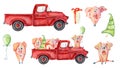 Red Christmas truck creator with pigs, pine tree and gifts New year watercolor illustration