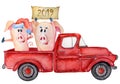 Red Christmas truck with pigs and gifts New year watercolor illustration