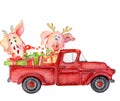 Red Christmas truck with pigs and gifts New year watercolor illustration