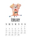 Mounthly calendar for 2019 new year with watercolor cute pigs February