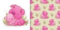 The cute pigs sitting on the grass with the coloured seamless pattern