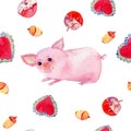 Cute pigs watercolor seamless pattern on white background.