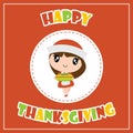 Cute pilgrim girl and apple pie on circle frame cartoon illustration for thanksgiving`s day card design