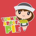 Cute pilgrim girl brings apple pie cartoon illustration for happy thanksgiving`s day card design
