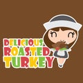 Cute pilgrim girl brings roasted turkey vector cartoon illustration for happy thanksgiving`s day card design