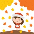 Cute pilgrim girl is happy behind maple trees vector cartoon illustration for happy thanksgiving`s day card design