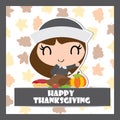 Cute pilgrim girl with roasted turkey and apple pie vector cartoon illustration for thanksgiving`s day card design