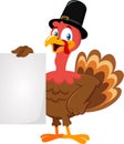 Cute Pilgrim Turkey Cartoon Character Holding A Blank Sign