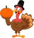 Cute Pilgrim Turkey Cartoon Character Holding A Pumpkin