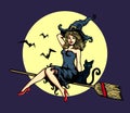 Cute pin-up girl in witch costume riding flying broomstick halloween vector illustration