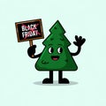 Cute Pine Tree Cartoon Character Protesting Black Friday Sale with Sign Royalty Free Stock Photo