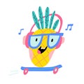 Cute cartoon pineapple in sunglasses and headphones riding on skateboard.