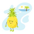 Cute pineapple character remembers or dreams of a summer vacation at sea. Funny winter mascot. Kawaii fruit. Bright clipart for
