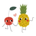 Cute Pineapple and Cherry Holding Hands, Cheerful Berry and Fruit Characters with Funny Faces, Best Friends, Happy