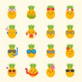 Cute pineapple with face in summer beach theme such as swim ring, sun glasses, headphone, Hawaii costume