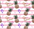 Cute pineapple pattern with text cool summer and heart on striped background