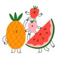 Cute pineapple, watermelon and strawberry fruit characters, vector illustration