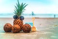 Cute Pineapple Wearing Sunglasses and Coconuts Relaxing On Sunny