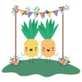 Cute pineapples in couple in the garden kawaii characters