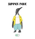 Cute pinguin in shorts, t-shirt ready for summer. Cute nursery summer character, animal greeting card design, kids room