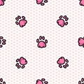 Cute pink animal paw pad seamless vector pattern. Hand drawn red stripe foot track background. Dog, kitten, cat Royalty Free Stock Photo