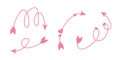 Cute pink arrows with swirls and loops. Doodle scribble elements. Arrows to create design decor, direction indication