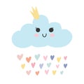 Cute pink baby cloud with smiling kawaii face, princess crown and rainbow heart rain drops. Sweet nursery poster design. Vector Royalty Free Stock Photo