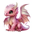 Cute pink baby dragon sitting isolated on white. Watercolor style iilustration, Generative AI Royalty Free Stock Photo