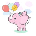 Cute pink baby elephant holding balloons in trunk on cartoon background with pastel clouds and lawn. Royalty Free Stock Photo