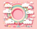 A cute pink background with a circular frame, clouds, and rainbow stripes Royalty Free Stock Photo