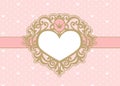 Cute pink background with polka dots and crown. Luxury gold photo frame in the shape of a heart.