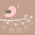 Cute pink bird sing with lacy flowers and hearts