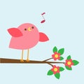 Cute pink bird sings on blooming branch