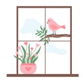 A cute pink bird sits outside the window on branch Royalty Free Stock Photo