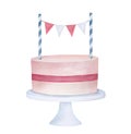 Cute pink birthday cake on round pedestal, decorated with blue striped picks and string with colorful paper bunting. Royalty Free Stock Photo