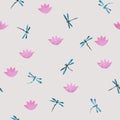 Cute pink and blue watercolor seamless pattern with dragonflies and lotus water flowers