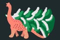 Cute pink brachiosaurus carry green Christmas tree on black background