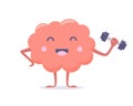 Cute pink brain character with dumbbell. Mental health concept. Brain training exercise. Vector illustration in flat style