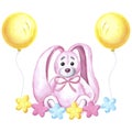 Cute pink bunny in bow with a garland of multi-colored toy stars and two yellow balloons Watercolor hand drawn Royalty Free Stock Photo