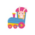 Cute pink bunny with long ears traveling on train. Cartoon character of forest animal. Colorful flat vector design for