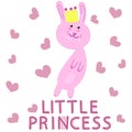 Cute pink bunny princess in crown with hearts and the inscription little princess, vector childrens illustration