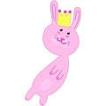 Cute pink bunny princess in crown, vector childrens illustration