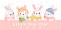 Cute pink bunny rabbit winter scarf party watercolour illustration vector hand drawing, Happy New year 2023