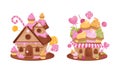 Cute pink candy houses set. Lovely cottages made of cupcakes and candies cartoon vector illustration Royalty Free Stock Photo